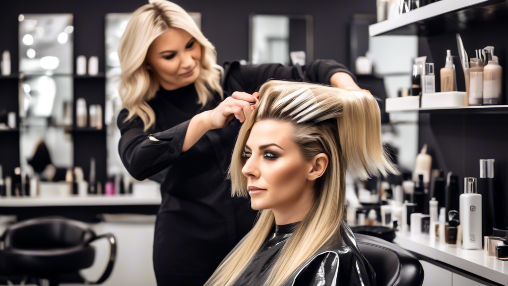 Create an image of a woman in a chic salon receiving the trendy blonde with dark foils hairstyle. She sits in a modern salon chair with a stylist attentively applying foils to her hair. The background shows well-organized salon shelving with various hair products. The focus is on the Stylist expertly placing the foils in a way that shows the step-by-step process. The image should highlight the different shades of blonde and dark colors being used. Additionally, include a few close-up shots of hair products recommended for maintaining the look. 

Keyword: blonde with dark foils