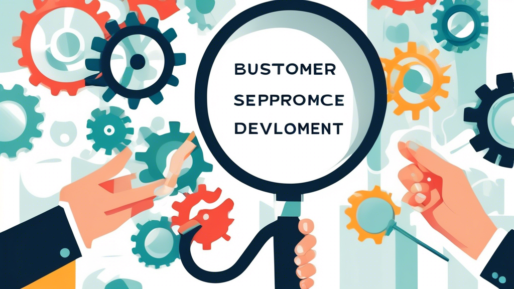 A hand holding a magnifying glass over a funnel with customer feedback written on it, flowing into gears that represent a business strategy labeled product development, customer service, and marketing.