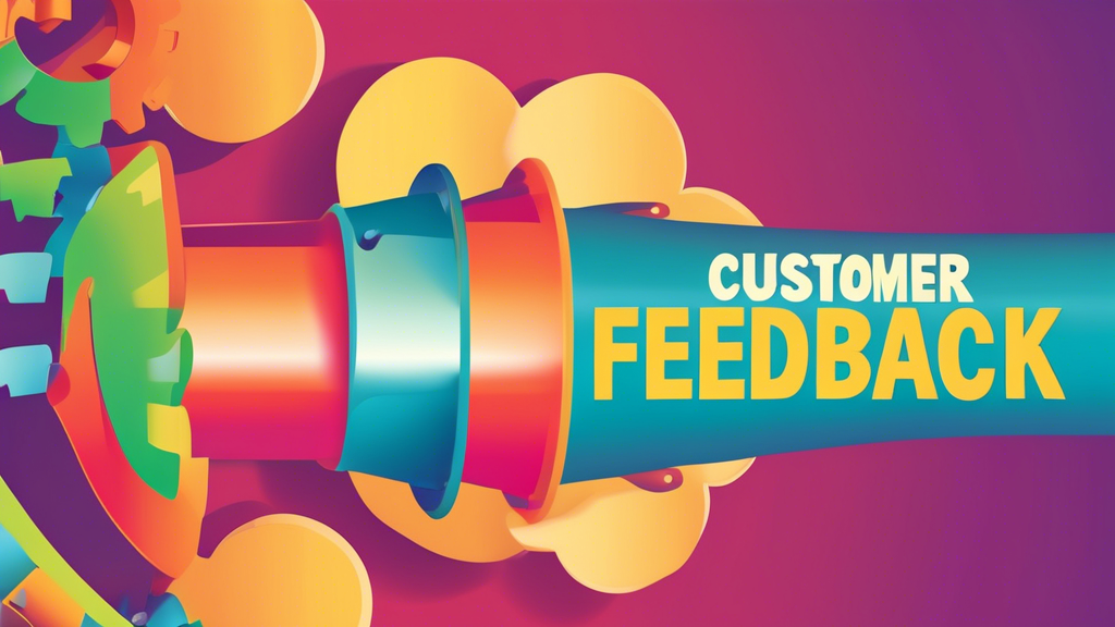 A hand turning a valve on a large funnel with the words Customer Feedback printed on it.  The funnel is directing a stream of colorful gears into a pipe labelled Business Growth.
