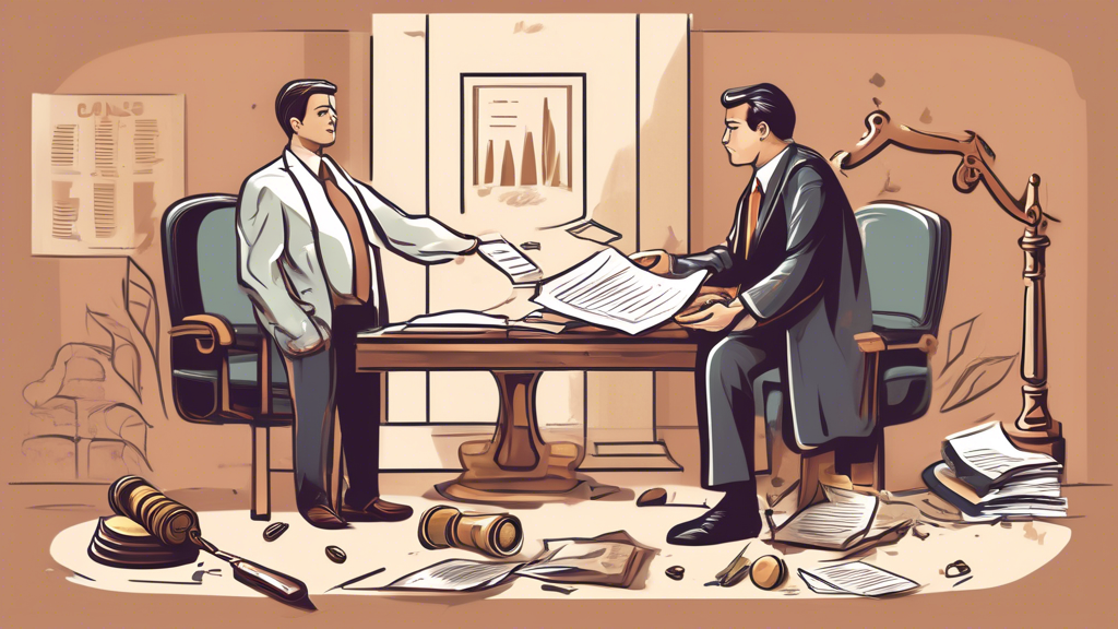 Prompt for DALL-E:

Create an illustration of a bodily injury lawyer in a professional setting, skillfully presenting a pile of evidence to a client. Surrounding them are symbols of justice and negotiation, such as legal documents, scales of justice, and a handshake, to signify successful negotiations and maximizing claim value. The environment should feel authoritative yet approachable, emphasizing the expertise and strategic approach of the lawyer in handling cases.