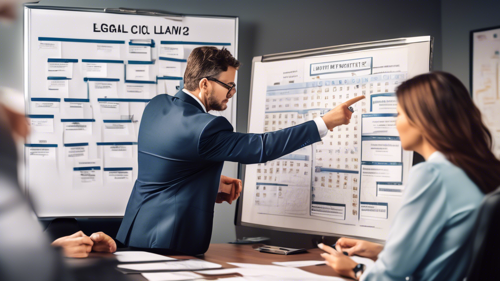An image depicting a professional bodily injury lawyer guiding a client through the steps of a legal claim process. Show the lawyer pointing at a flowchart on a board in an office setting, detailing various stages such as evidence gathering, negotiations, and court proceedings. Include visual elements such as legal documents, a calendar, and a laptop on the desk to represent the comprehensive support lawyers provide in overcoming common legal challenges.