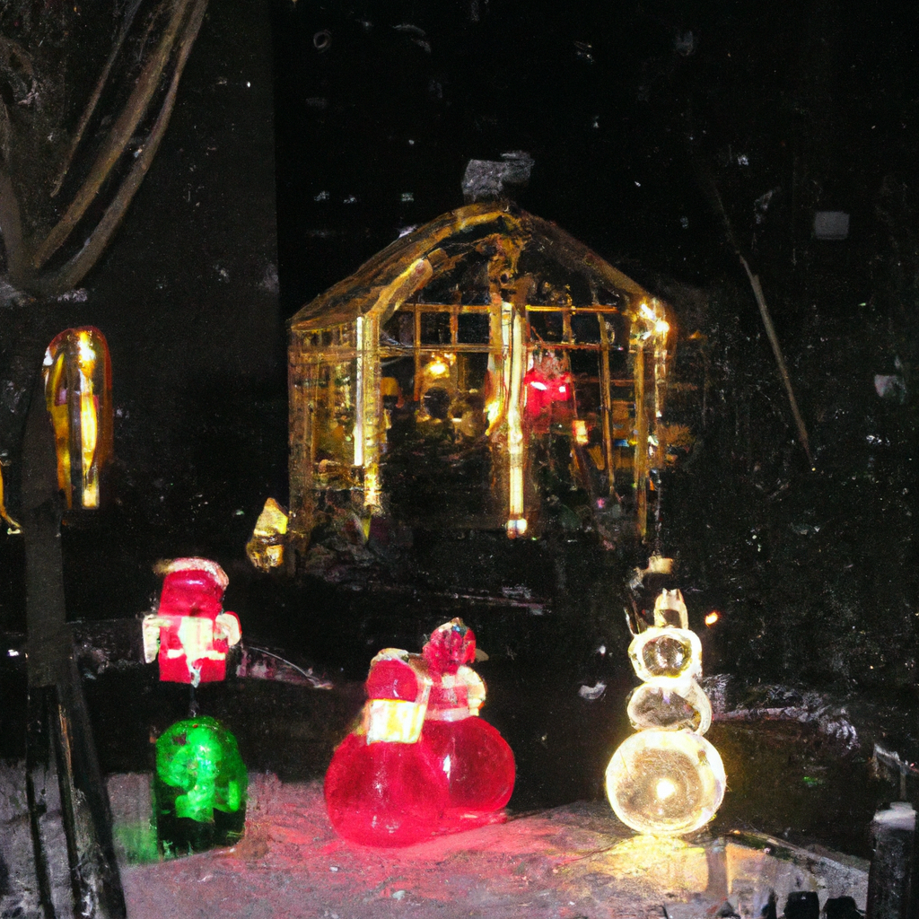 Create an image of a cozy glasshouse illuminated with twinkling fairy lights and adorned with festive Christmas decorations. Inside, families and friends are gathered around, engaging in various Christmas Eve activities. Some are singing carols, others are exchanging gifts, and a group of children is decorating a Christmas tree. In one part of the glasshouse, a small choir is performing, and in another, a storyteller is enchanting a group of listeners with a Christmas tale. The backdrop features a snowy landscape visible through the glass walls, adding to the magical ambiance of the evening. Tag: glasshouse night before Christmas, holiday traditions.