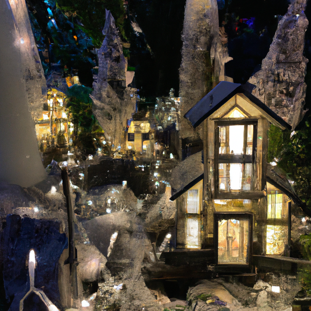 Create an enchanting scene of a glasshouse decorated for Christmas Eve with twinkling fairy lights, festive decorations, and a lush backdrop of snow-covered trees visible through the glass panes. Families and friends are seen joyously interacting, exchanging gifts, and sharing laughter, capturing the magical moments and unforgettable memories. Add a warm, cozy glow from inside the glasshouse that contrasts beautifully with the cold, snowy exterior. Highlight some areas where people can recreate this experience at home, such as detailed close-ups of DIY decorations or small festive gathering ideas. Keywords: glasshouse night before Christmas, magical evening, unforgettable memories, festive decorations.