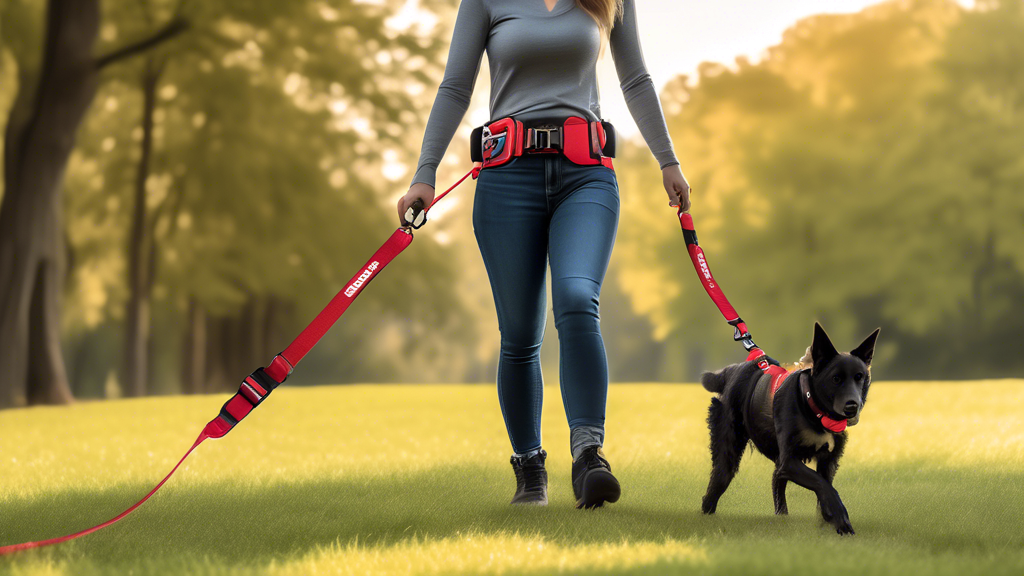 Create an image showing a person walking their dog using the Kong Hands-Free Leash, with an emphasis on safety and control features. The person should be wearing the adjustable waist belt with the leash attached, and you can see the reflective stitching on the leash for visibility during night walks. Also, depict the quick-release mechanism on the leash for handling unexpected situations easily. Make sure the background suggests a safe and controlled environment, like a well-lit urban sidewalk or a quiet park trail in the evening. The dog appears calm and well-behaved, indicating the effectiveness of the leash.