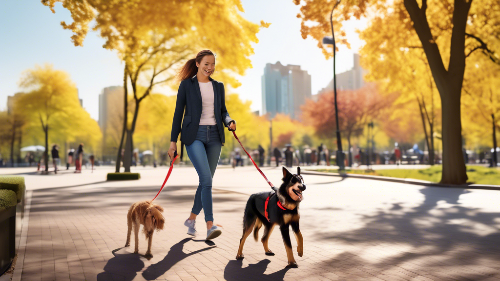 Create an image of a vibrant city park where a person is using a Kong hands-free leash while walking their dog. The person, looking relaxed and comfortable, is enjoying a stroll, hands-free, with ergonomicity emphasized through the padded waist belt of the leash. Highlight the dog