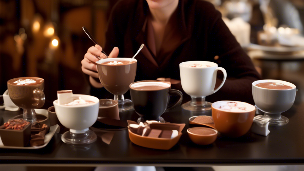 An elegant person seated at a cozy cafe table, tasting an array of Hotel Chocolat hot chocolate varieties served in fine porcelain cups. Each cup is labeled with its unique flavor, such as classic rich, spicy chili, and salted caramel, alongside a small description card that details the key ingredients like Madagascar vanilla or Sri Lankan cinnamon, capturing the sensory experience and ambiance.