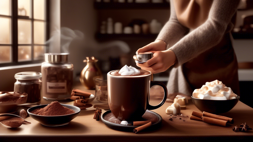 cozy kitchen scene showcasing a person preparing Hotel Chocolat hot chocolate, following a detailed step-by-step guide; the scene includes ingredients like spices and whipped cream on the counter, with a plush setting inviting for a luxurious indulgence