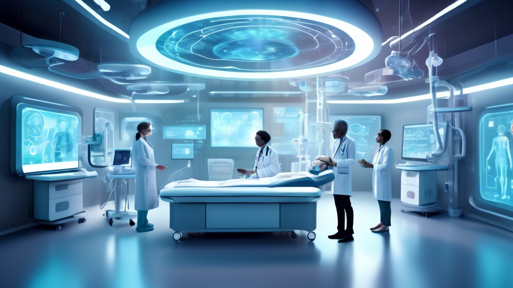 Create an image depicting a futuristic scene where doctors are using advanced digital technology to provide healthcare. The setting includes a high-tech clinic with holographic displays, virtual medical consultations, and patients interacting with digital avatars of doctors. Include elements such as interconnected devices and wearables that track patient health in real-time. The atmosphere should convey both the current challenges (like complexity and barriers) and the optimistic future prospects (like streamlined, efficient care). Ensure the image embodies the innovative spirit of dot doctors revolutionizing global healthcare.