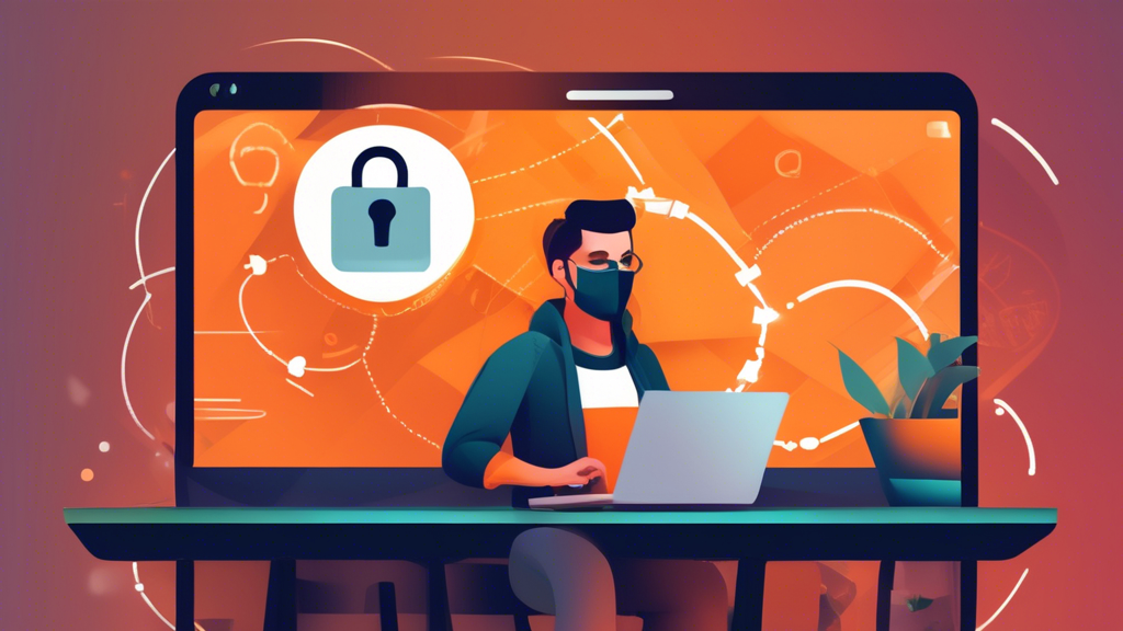 Create an image that depicts the concept of online privacy and security with Avast VPN. Show a user browsing the internet on a laptop in a public café setting, with a Wi-Fi symbol and a padlock icon above it, signifying secure browsing. Include visual elements that represent masked IP addresses and personal data protection, such as a shield icon and encrypted text. Incorporate a subtle Avast logo or theme colors to emphasize the brand without overwhelming the central focus of privacy and security.