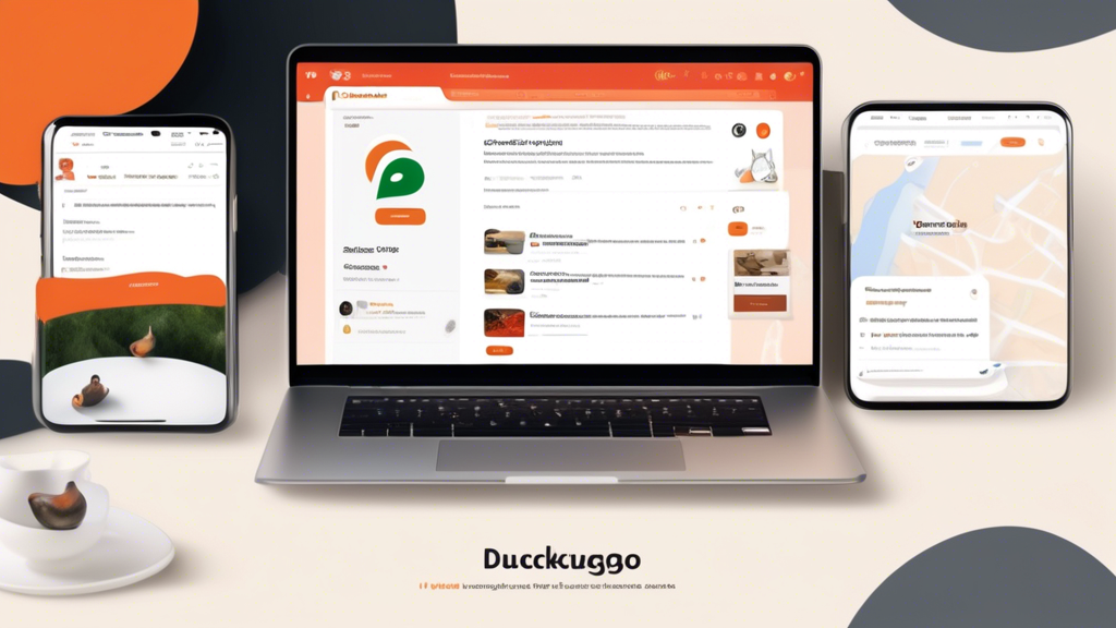 Create an image for the prompt: An open laptop displaying the DuckDuckGo search homepage in a clean, minimalistic design. Next to the laptop, there is a cluttered desktop screen showing a different search engine filled with advertisements and personalized content. The DuckDuckGo screen features clear, unbiased search results with no ads, while the other screen shows various ads and personalized results. The background has a calm and focused ambiance, highlighting the contrasting experiences between the two search engines.