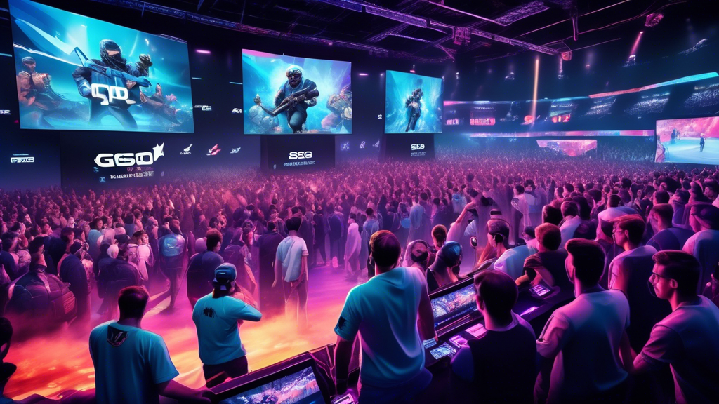 A crowd of enthusiastic fans watching a live-streamed CSGO tournament in 2023 on a massive screen in a modern gaming arena, highlighted by vibrant digital graphics and branded banners. The scene includes a diverse group of spectators with gaming gear, some cheering with team merchandise, others discussing strategies. In the background, there