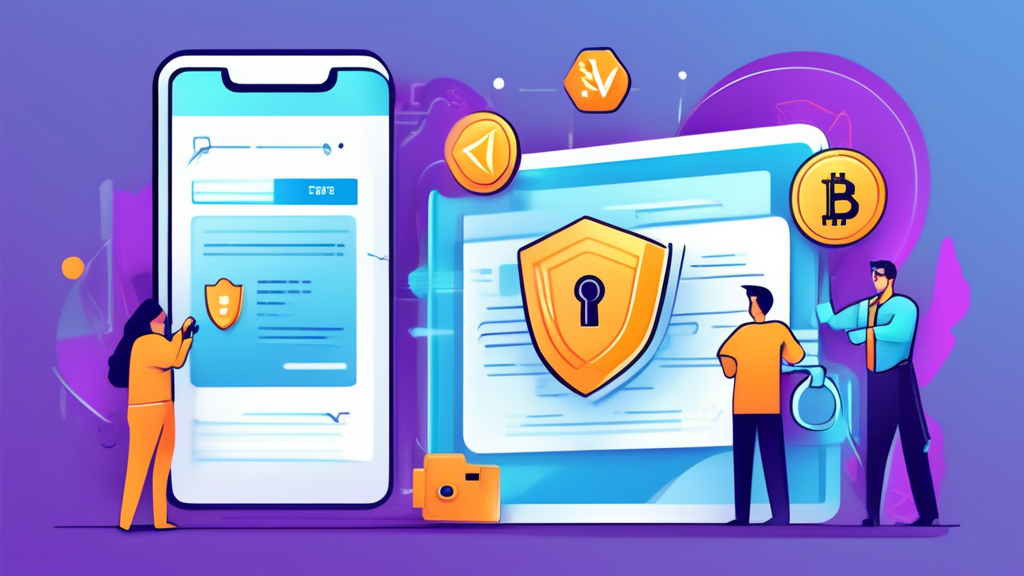 Create an illustration that explains the steps for selecting and using the safest crypto exchange. The image should include visual representations of key security features verification, safeguarding assets, and the importance of updating security practices. Incorporate elements like a checklist, security shield, padlock, and icons for 2FA (Two-Factor Authentication) and cryptocurrency wallets to visually emphasize each step.