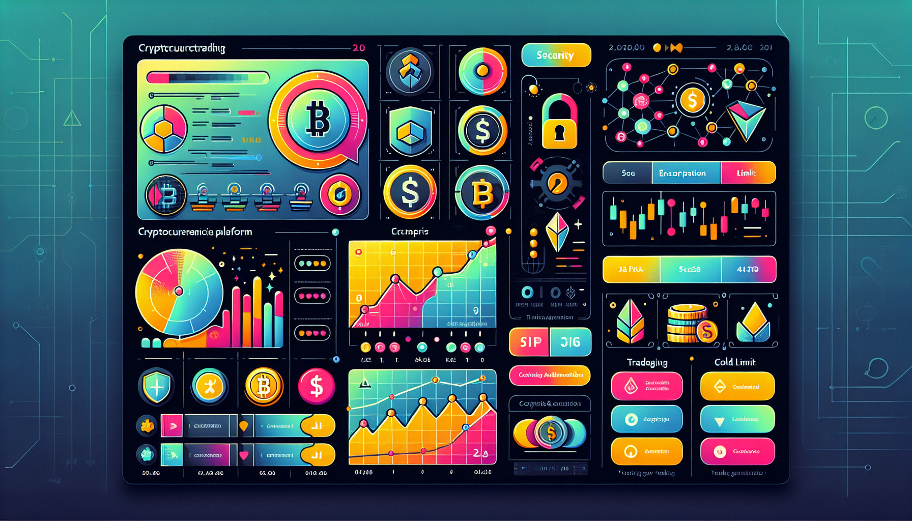 Create an image of a high-tech digital interface showcasing a cryptocurrency trading platform. The image should highlight key features such as security measures with icons for two-factor authentication, encryption, and cold storage. Show an intuitive user interface with various graphs and charts for trading data, and list different cryptocurrencies available for trading. Include a comparison table overlay that displays different trading fees and limits to emphasize the importance of these elements in a crypto trading site.