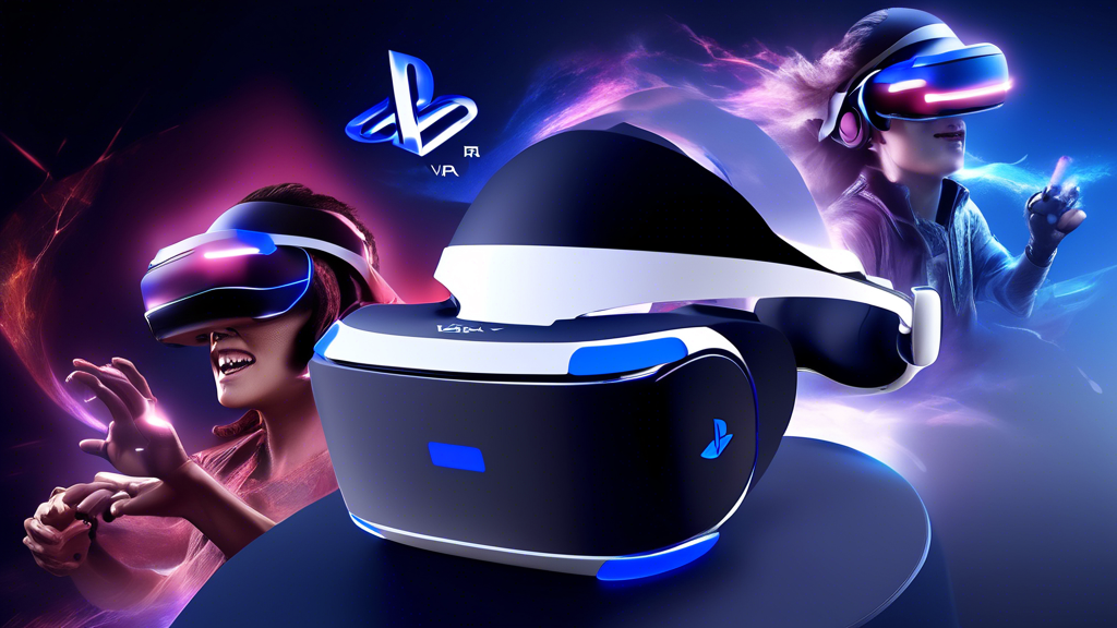 Create an image of the PlayStation VR Two headset showcasing its cutting-edge technological advancements. Focus on a close-up view of the headset displaying its enhanced resolution and high-quality display, improved tracking sensors, and the controllers highlighting their precision. Capture the new haptic feedback and adaptive triggers in action, with a detailed, futuristic background that emphasizes the next-gen gaming experience. Include subtle branding elements of PlayStation to maintain authenticity.