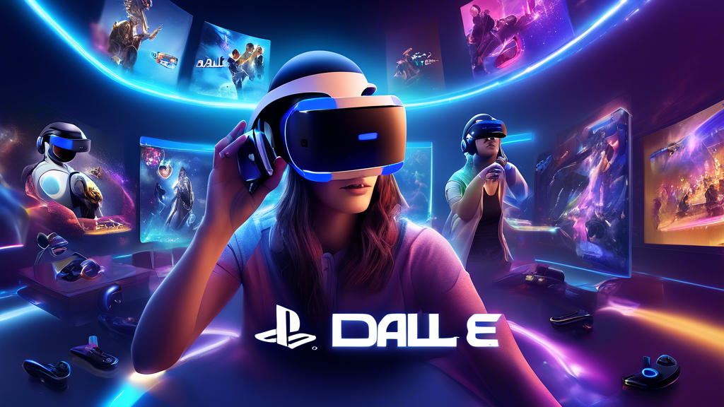 Create an image prompt for DALL-E:

An immersive visual illustration of the PlayStation VR Two, showcasing a diverse game library with vivid, exclusive titles in the background. Highlight the sleek and ergonomic design of the headset and controllers in the foreground. Emphasize the user interface improvements with holographic elements representing game options, and include figures of gamers engaged with the VR, displaying excitement and engagement. Capture a sense of community and futuristic possibilities, with virtual avatars interacting and developers brainstorming creative ideas in a collaborative digital space.