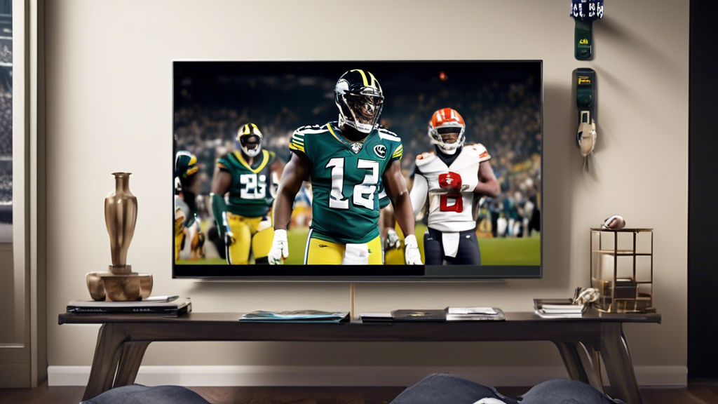 Create an image showcasing the exclusive NFL content and additional features on Prime Video. The image should depict a split-screen setup with multiple camera angles of an NFL game on a Smart TV. Include overlays of expert analysis and highlight special features such as instant replays and play breakdowns. Add a Prime Video logo to emphasize the platform. The background should suggest a cozy, high-tech living room setting, showcasing how fans enjoy enhanced NFL streaming experiences compared to traditional TV broadcasts.