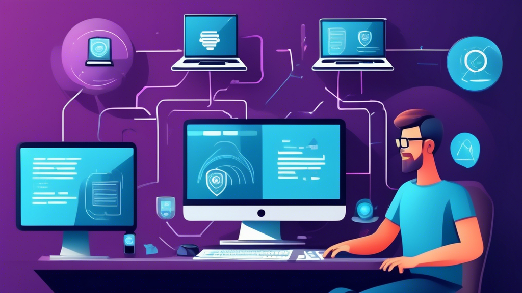 Create an image depicting a tech-savvy individual sitting at a desk with multiple digital devices (laptop, smartphone, tablet) configuring Smart DNS Proxy VPN settings. Show screens displaying options for split tunneling and kill switch. Incorporate elements like security shields, checkmarks, and update notifications to emphasize security optimization and regular maintenance. The background should include a modern home office environment with subtle digital network graphics to symbolize online protection.