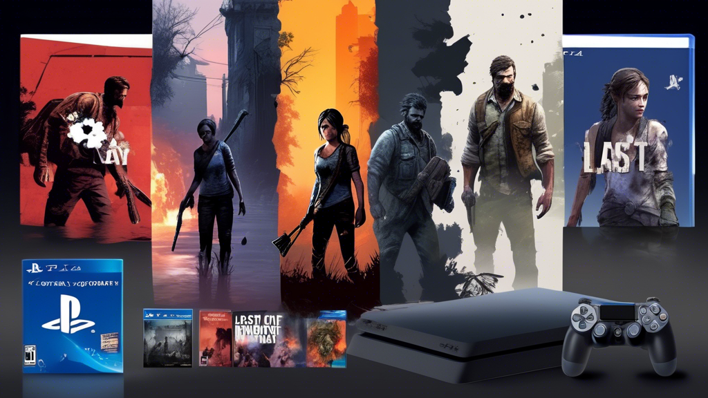 Create an image that highlights some of the most critically acclaimed, iconic PS4 Original games that defined an era. Showcase well-known game covers such as The Last of Us Part II, God of War, Bloodborne, and Horizon Zero Dawn against a backdrop featuring a sleek PS4 console. The backdrop should include subtle, artistic nods to elements from these games, such as the Norse mythology from God of War, the post-apocalyptic world of The Last of Us, the gothic atmosphere of Bloodborne, and the lush landscapes of Horizon Zero Dawn.