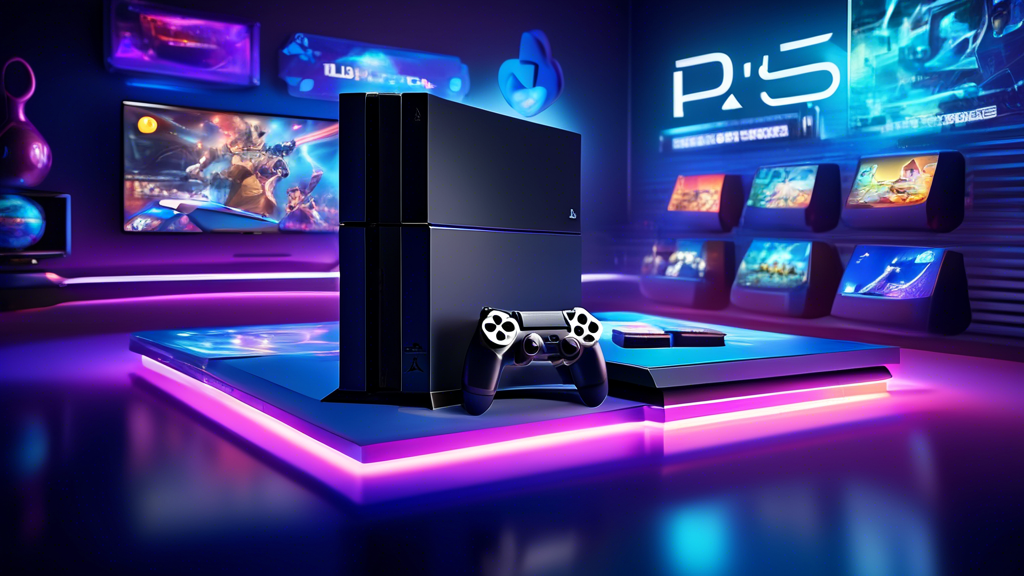 A sleek, futuristic gaming console surrounded by holograms of iconic PS4 games. In the background, a timeline chart showing the evolution from the PS4 Original to modern gaming systems and streaming services. The scene should highlight how the PS4 Original set the stage for innovations in today