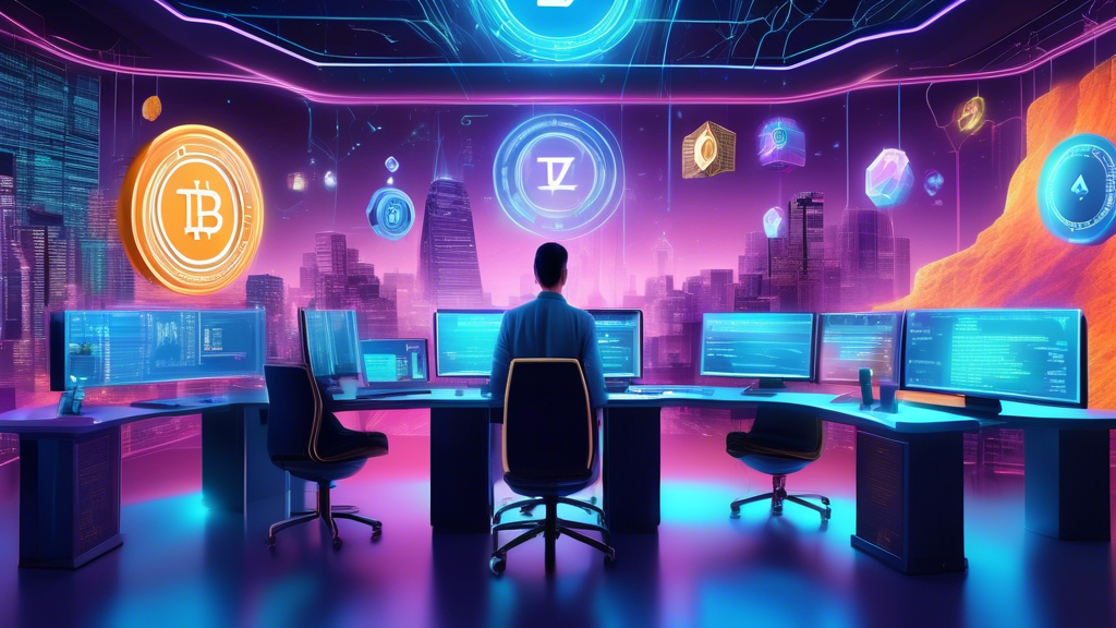 Create an imaginative and futuristic digital artwork illustrating the future landscape of AI crypto trading. The scene should depict a vibrant, high-tech trading floor with holographic displays showcasing real-time cryptocurrency data, AI algorithms, and market trends. Include a diverse group of traders using advanced interfaces powered by AI, analyzing data with the help of virtual assistants. Incorporate elements that suggest innovation, such as robots, blockchain visualizations, and futuristic architecture, while showcasing a sense of opportunity and security in this evolving financial ecosystem. The atmosphere should convey excitement and potential, highlighting the integration of technology and human expertise in unlocking profits in crypto trading.