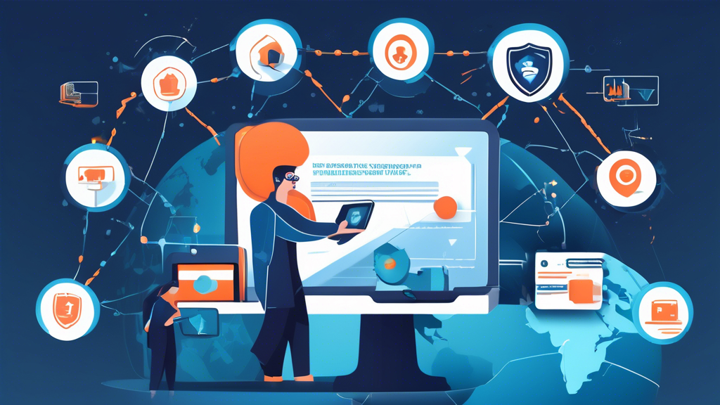 Create an illustration showing various benefits of using an internet unblocker. The image should include visuals for enhanced security and privacy (like a person using a laptop with shield icon), accessing geo-restricted content (a globe with chains breaking and international streaming platforms), and tips for optimizing unblocker performance (icons for server selection, bandwidth management, and avoiding throttling). Use a modern, clean design, and bright colors to make the concept engaging and easy to understand.
