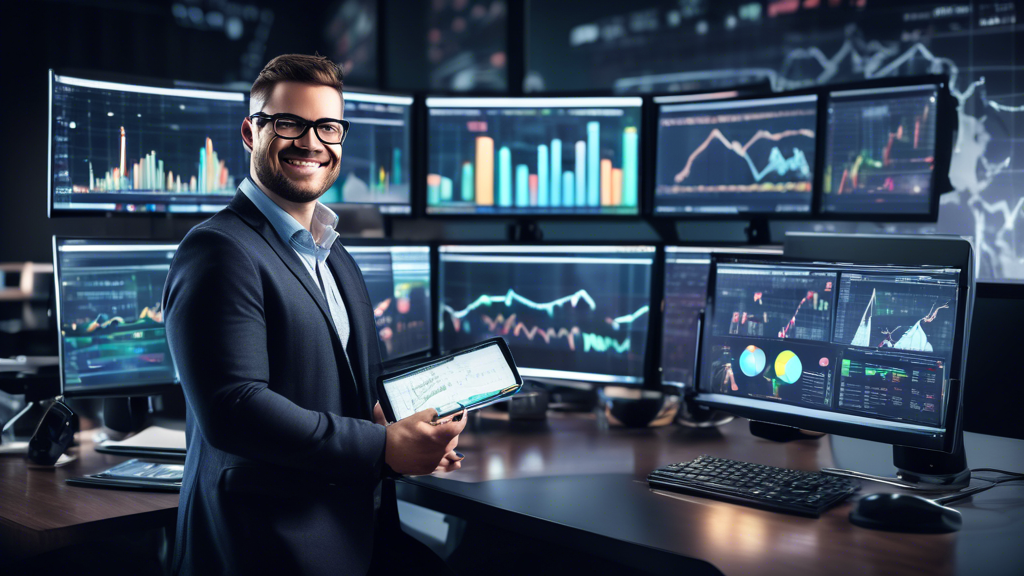 Create an image showing a confident trader in a modern trading room, surrounded by multiple screens displaying charts and financial data. The trader is highlighted, holding a notebook labeled IB Margin and smiling, representing a sense of achievement. In the background, digitally illustrated icons of balance scales, shields, and a rising graph symbolize risk management, leverage opportunities, and the benefits of using IB Margin. Additionally, small framed pictures on the wall depict testimonies and success stories from various traders, adding a sense of validation and trust. Keywords: ib margin, trading benefits, risk management, trader success.