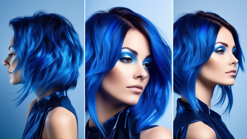 Create an image that showcases a woman with beautifully styled blue foils in her hair, demonstrating the transformative power of this trendy hair technique. The image should illustrate how blue foils enhance her overall look, emphasizing the vibrant contrast against her natural hair color. Make her expression exude confidence and happiness to convey the positive impact of blue foils hair. The background should be a stylish, modern salon setting to further highlight the professional application of the technique.