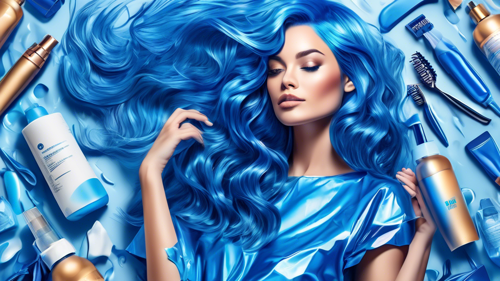 Create a detailed illustration showing a person with beautifully styled blue foils hair, emphasizing the vibrancy and shine. The image should include a backdrop of various hair care products specifically designed for maintaining dyed hair, such as shampoos, conditioners, and serums. Also, include professional salon tools like hair dryers, combs, and foiling brushes to depict a complete hair maintenance routine.