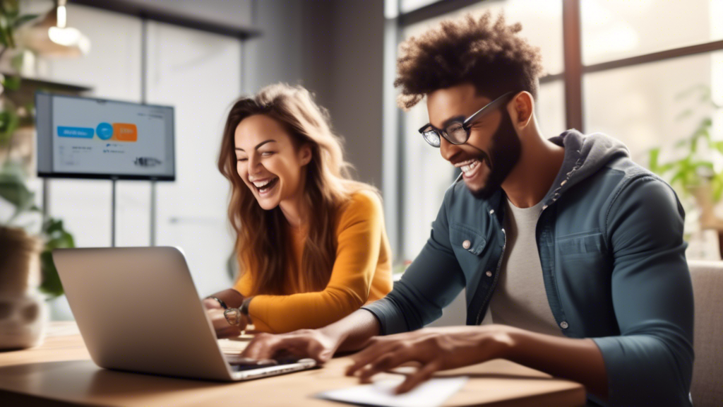 Create an image showing two internet users experiencing enhanced speed and performance using a free smart DNS service. One user watches a video with no buffering, while the other quickly browses on a laptop with a fast connection. Include elements like fast-loading web pages, a speed gauge indicating high performance, and happy expressions on the users