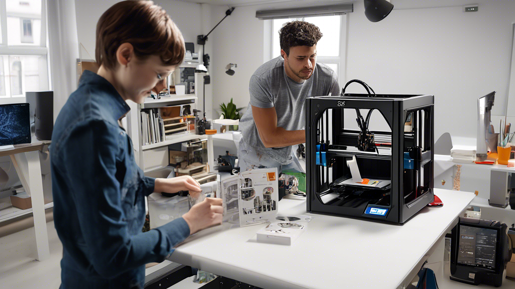 Create an image that illustrates a workspace featuring a 3D printer Artillery Sidewinder X2 in action. The scene includes a user fine-tuning the printer settings on a computer while another person performs maintenance on the printer. Display various printed items around the workspace, such as intricate models and prototypes. Highlight informational posters or checklists on the walls that include tips on optimizing settings for different materials, temperature, and speed, as well as guides for routine maintenance and common troubleshooting steps. The overall atmosphere should convey a professional yet creative environment with an emphasis on efficiency and problem-solving.