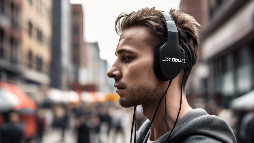 A close-up photograph showcasing the impressive noise isolation capabilities of Decibullz earphones. A person wearing Decibullz is surrounded by chaotic and loud everyday sounds - a busy city street with construction noises, a crowded coffee shop, or a roaring train passing by.  The person