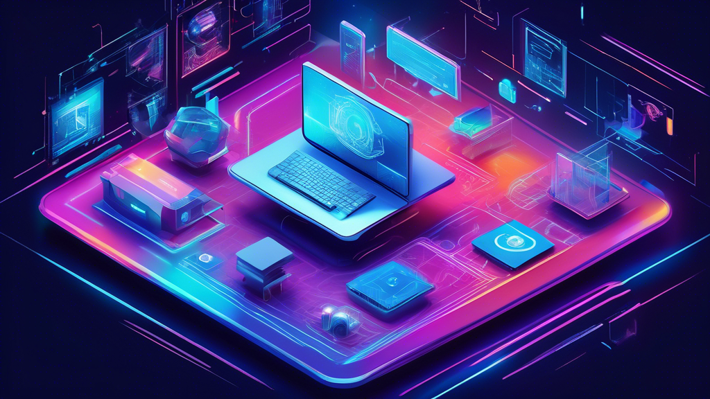 Create an image showing a futuristic, high-tech workspace with holographic interfaces and advanced AI-driven tools, prominently displaying the Dropbox logo. Highlight elements like code lines, data streaming, and innovative gadgetry to reflect Dropbox