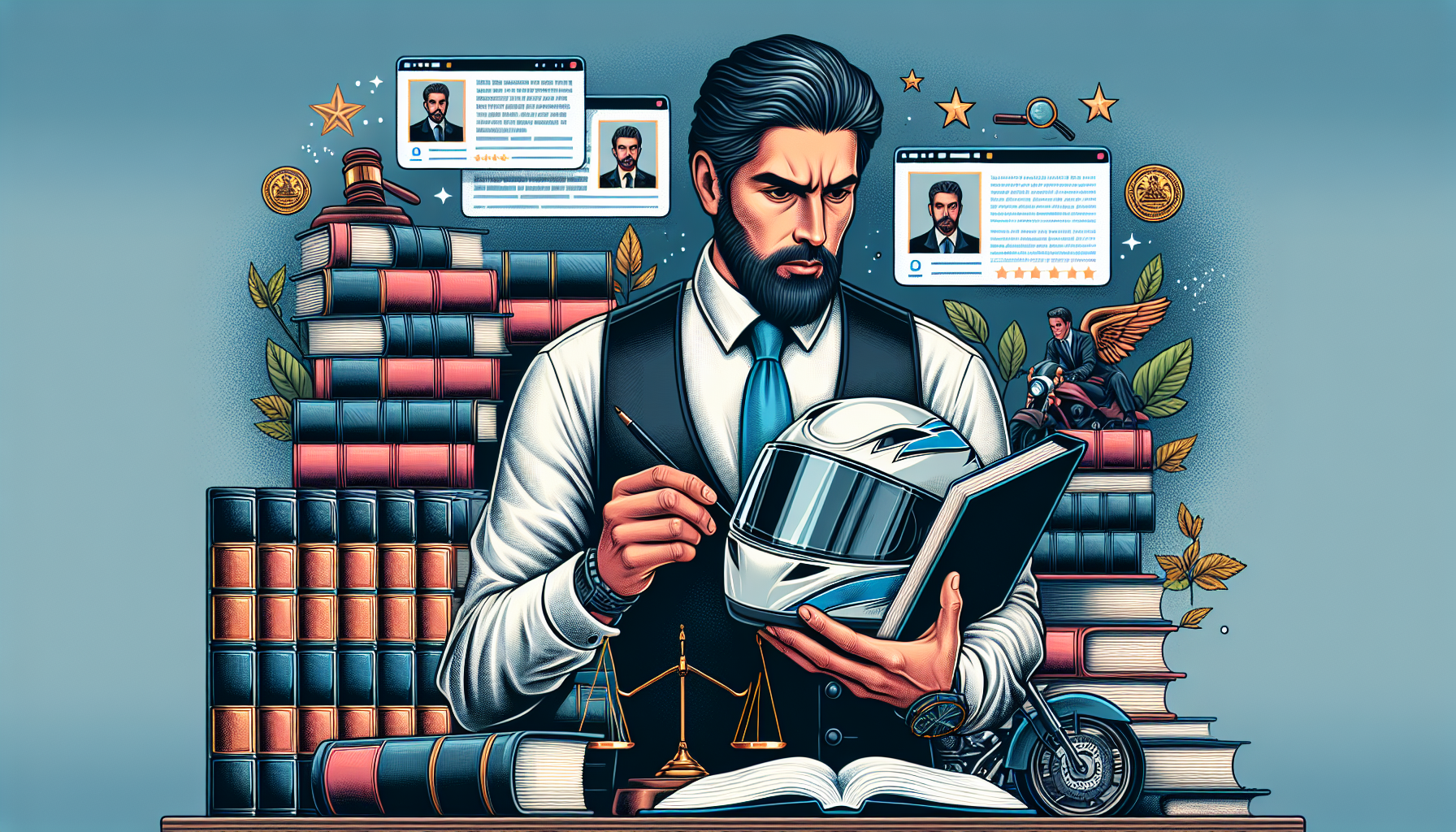 An experienced Mount Pleasant motorcycle accident lawyer examining case files and reviewing a motorcycle helmet as evidence, with a background of legal books and testimonials displayed on a digital screen, symbolizing a successful track record and strong community reputation in handling motorcycle accident cases.