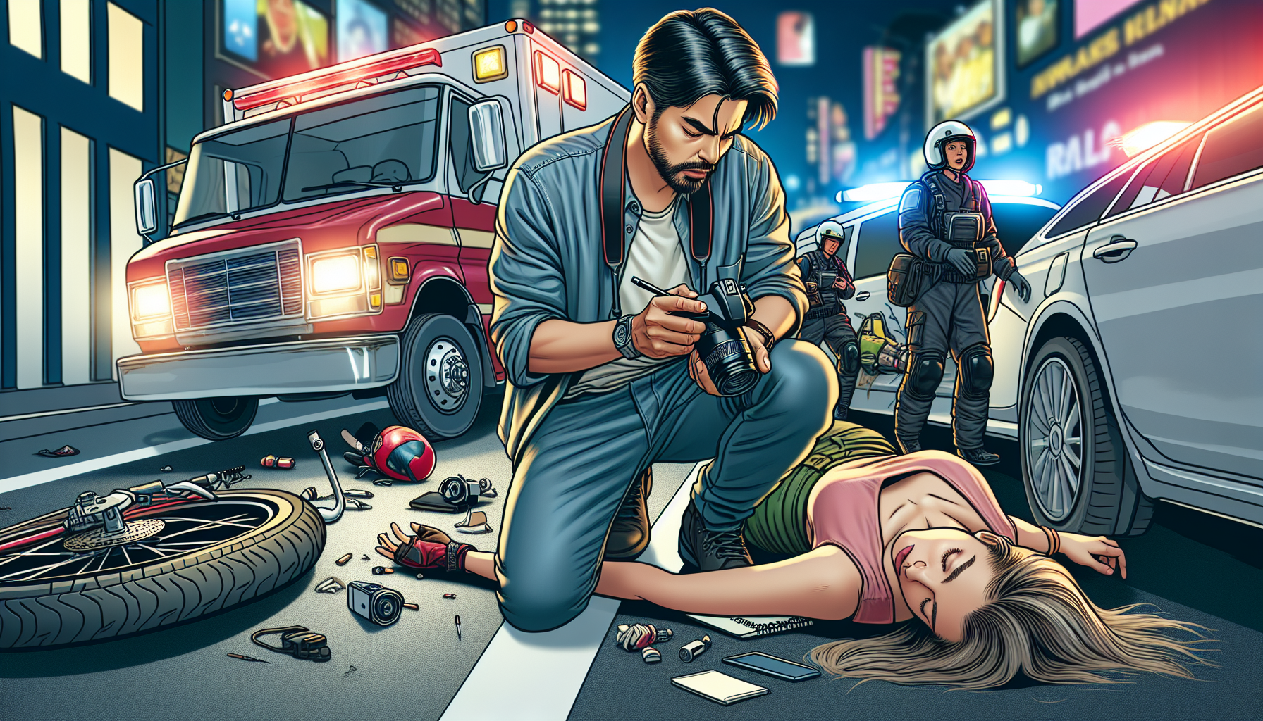 An image depicting a person carefully documenting a motorcycle accident scene in Mount Pleasant, with a focus on taking photos of the surroundings and writing notes. Include an injured yet alert motorcyclist waiting for assistance, scattered motorcycle parts, and emergency services beginning to arrive in the background. The environment should reflect typical Mount Pleasant locations with recognizable landmarks subtly included. The image should convey a sense of urgency and the importance of gathering accurate evidence immediately after an accident.