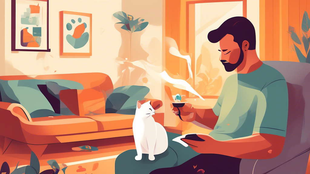 Create an image of a concerned pet owner gently interacting with their male cat in a cozy living room setting, surrounded by tips and solutions on stopping cat spraying. Include visual elements like a chart with effective strategies, a litter box, and a peaceful environment, emphasizing a loving and understanding approach to cat behavior.