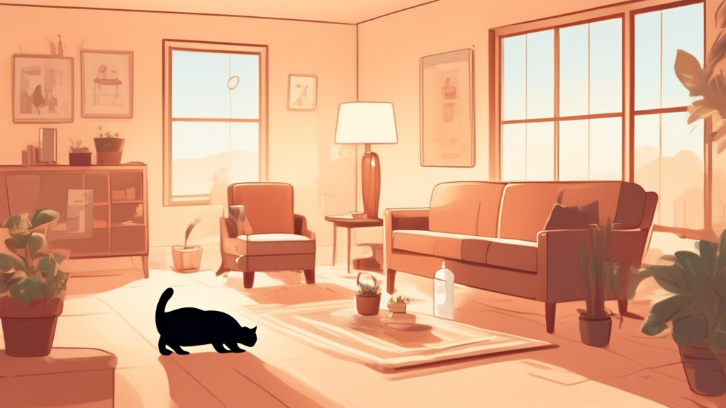 **DALL-E Prompt:** Create an illustration depicting a serene, cozy living room where a male cat is happily using a clean litter box, with a calm atmosphere enhanced by soft lighting. Include a pheromone diffuser visibly releasing calming scents, a chart or tips displayed on the wall showcasing behavioral techniques to reduce spraying, and a pet owner gently interacting with the cat, demonstrating positive reinforcement. Emphasize a sense of tranquility and a harmonious environment to convey the effective solutions for stopping male cat spraying.