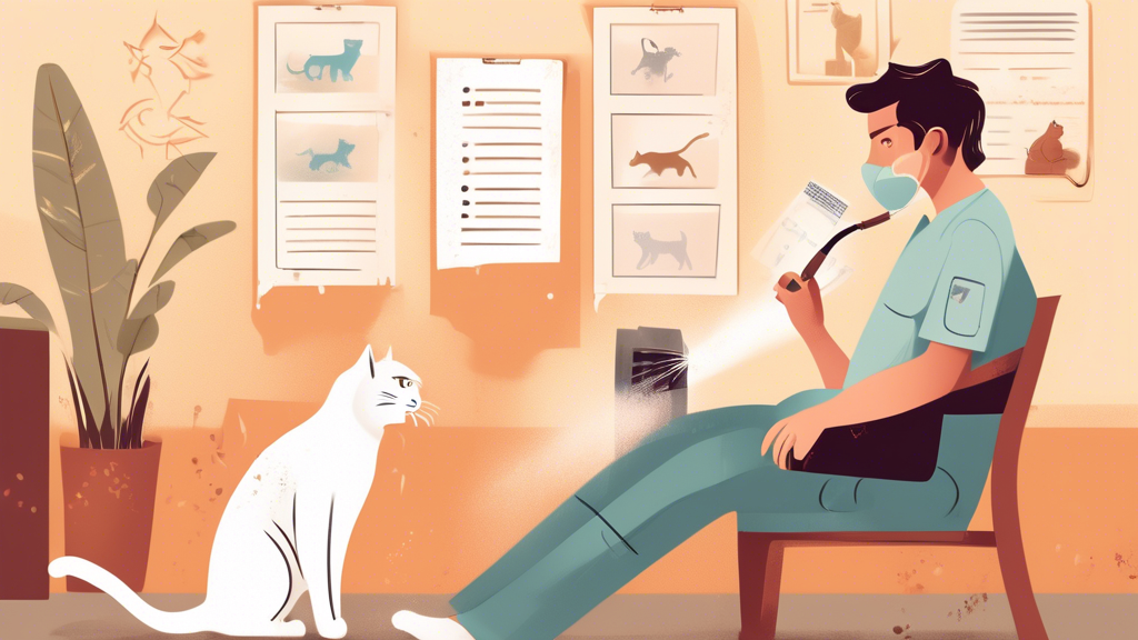 An informative illustration depicting a distressed male cat spraying indoors, with a concerned pet owner by its side. In the background, a veterinarian is consulting with the owner, offering advice on solutions to cease the spraying behavior. Include visual elements that suggest various resources such as books on pet behavior, a calming pheromone diffuser, and a checklist of signs indicating when to seek professional help. Make the environment warm and inviting to convey hope and support for pet owners facing this challenge.