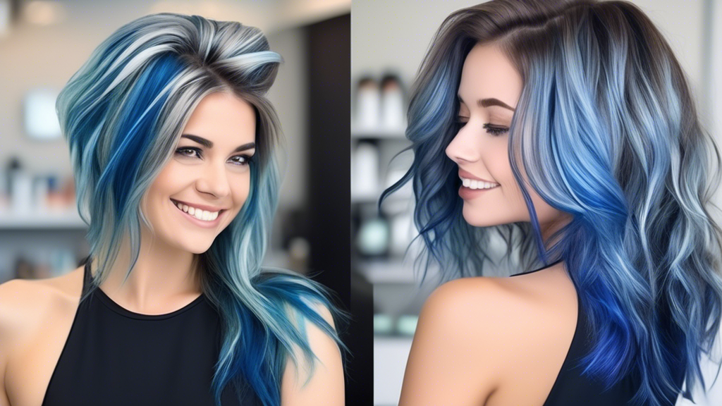 Create an image that illustrates a vibrant, well-maintained hairstyle featuring blue hair foils. The setting should be a modern hair salon, with a professional hairstylist applying specialized care products to a client