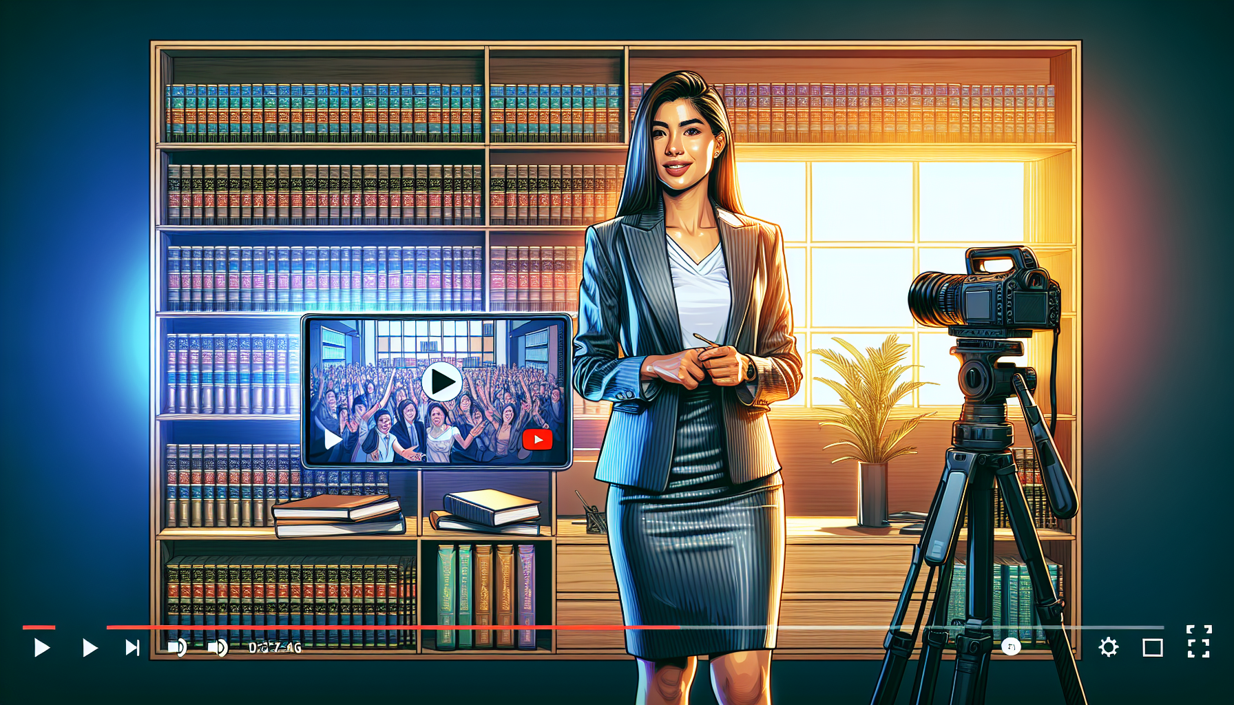 Prompt: Create a visually engaging image of a sleek, modern office setting where an experienced Mount Pleasant motorcycle accident lawyer is recording an informative video for Vimeo. The lawyer is casually yet professionally dressed, standing with confidence in front of a bookshelf filled with law books. There is high-tech recording equipment visible in the scene, and a large screen displaying positive client testimonials plays softly in the background. The room is well-lit, suggesting a transparent and open atmosphere, which conveys credibility and trustworthiness.