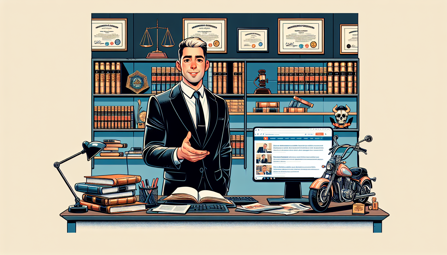 DALL-E prompt: Create an image of a professional and engaging lawyer explaining motor accident laws specifically for Mount Pleasant in a well-lit, modern office setting. The setting includes a desk with legal books, a laptop showing the Vimeo homepage, and visible certifications on the wall. The lawyer, a middle-aged Caucasian man, wears a sharp suit and speaks directly to a camera with confidence and a friendly demeanor. On the side, display a small screen showing snippets of client testimonials and case outcomes. The overall ambiance is both reassuring and authoritative, designed to convey trust and expertise in handling motorcycle accident cases.