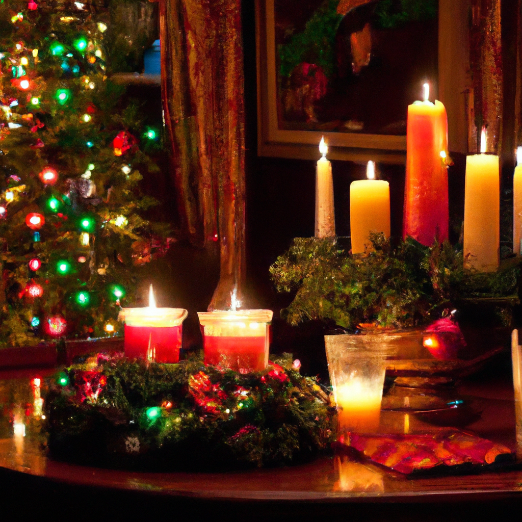 An inviting, warm holiday setting showcasing various types of Christmas candles. Display a mix of scented, unscented, and LED candles in a cozy living room decorated for Christmas. Highlight popular holiday scents like cinnamon, pine, and gingerbread. Feature candles in different festive colors and styles, harmonizing with holiday decor, including a decorated Christmas tree, garlands, and stockings by the fireplace.