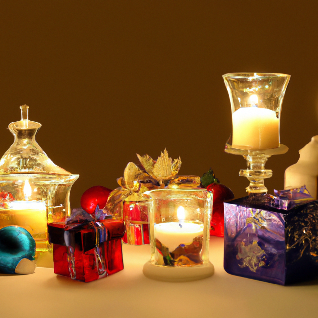 Create an image of a warm, holiday-themed living room decorated with various Xmas candles. The scene should include a beautifully arranged candle centerpiece on a festive dining table, elegant candle holders on a mantelpiece, and softly glowing candles placed safely on shelves and by the windows. The room should evoke a cozy ambiance with Christmas decorations such as a Christmas tree, garlands, and twinkling fairy lights. The overall feel should reflect the warmth and joy of the holiday season.