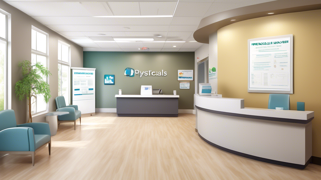 Create an image depicting a serene, welcoming clinic waiting area with a clear sign reading Medical Card Physicals. The background should include a friendly reception desk, a seated patient filling out forms, and informational posters about medical card physicals on the walls. Accent the scene with subtle, modern medical decor and ensure a location-specific map or signage suggesting proximity (e.g., Near You or a small map inset).