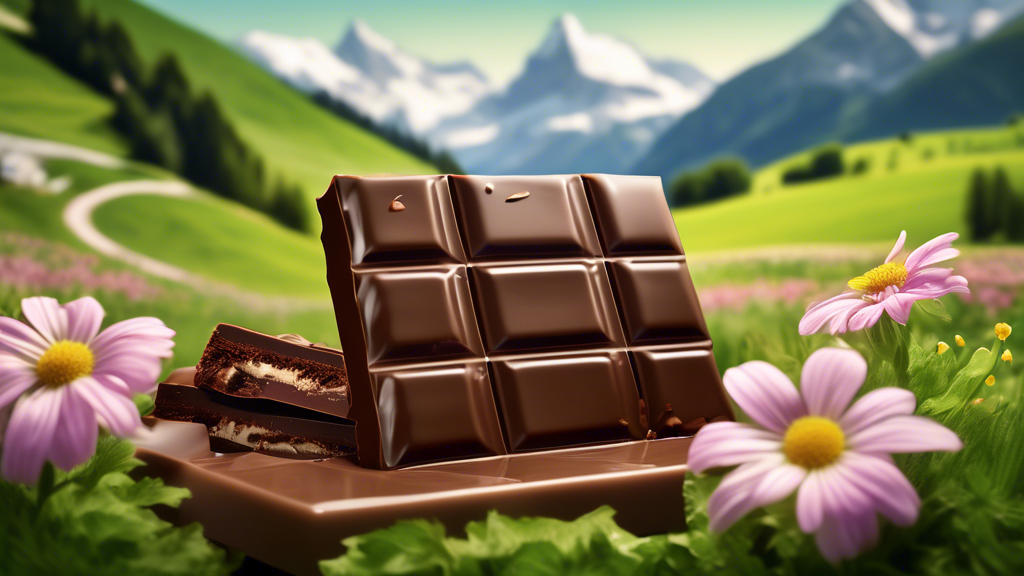 An up-close image of a bar of Swiss chocolate gently broken in half, showcasing its creamy, smooth texture. The chocolate is surrounded by lush green Swiss Alps, fields of alpine flowers, and cows grazing in the background, symbolizing the pure alpine milk used in its production.