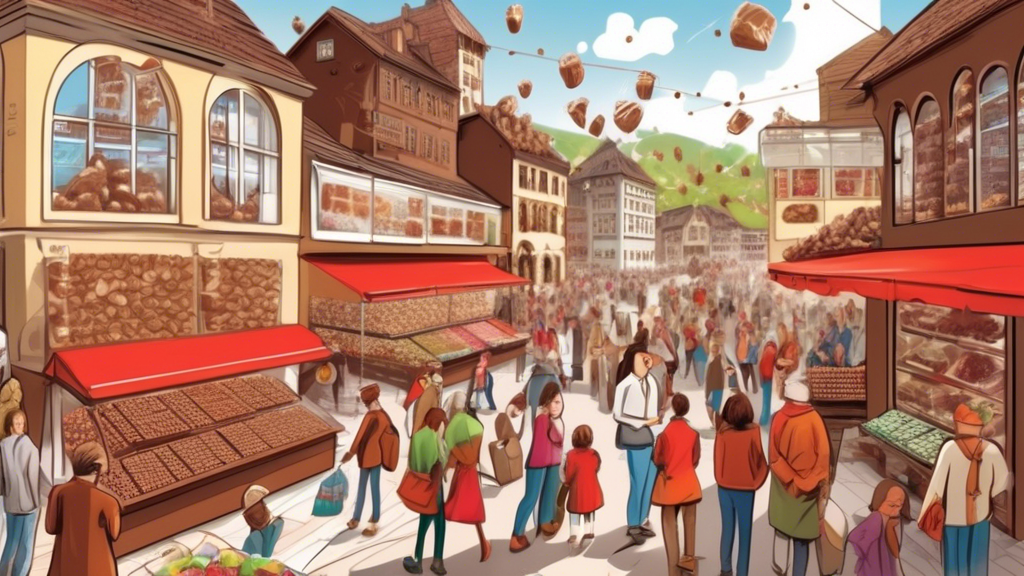 An artistic depiction of a bustling global marketplace where diverse groups of people eagerly shop for Swiss chocolates, showcasing various forms like bars, truffles, and pralines. The scene includes digital billboards displaying statistics about Swiss chocolate exports and banners promoting organic and fair-trade varieties, with the backdrop of a sustainable, high-tech Swiss chocolate factory.