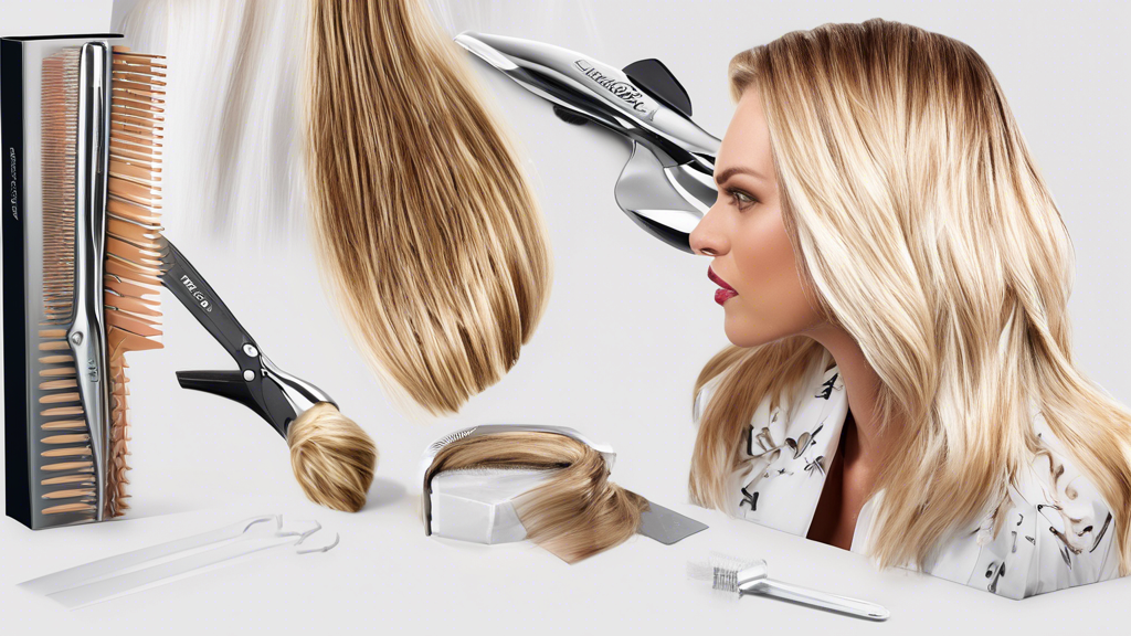 Create an image that illustrates the process of using a box of hair foils for highlights, capturing a detailed, step-by-step tutorial. Show a well-organized workspace with the necessary tools: a comb, a stack of hair foils, a bowl with highlighting bleach, a brush, and sectioning clips. The image should show a close-up of the different stages—starting with the preparation, moving to sectioning and foil placement, and ending with the waiting period for the color to develop. Include small infographic-like notes or labels highlighting important details and pro tips for a flawless application.