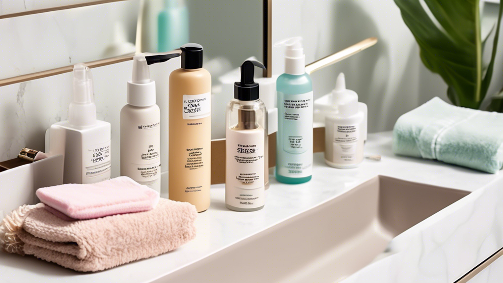 An image showing a well-lit bathroom countertop neatly organized with hair care products designed for maintaining highlights (such as color-safe shampoo, conditioners, and serums). Include a box of hair foils prominently placed among the products. The scene also features a hairbrush, a towel, and a small mirror to create a cozy and practical self-care atmosphere.