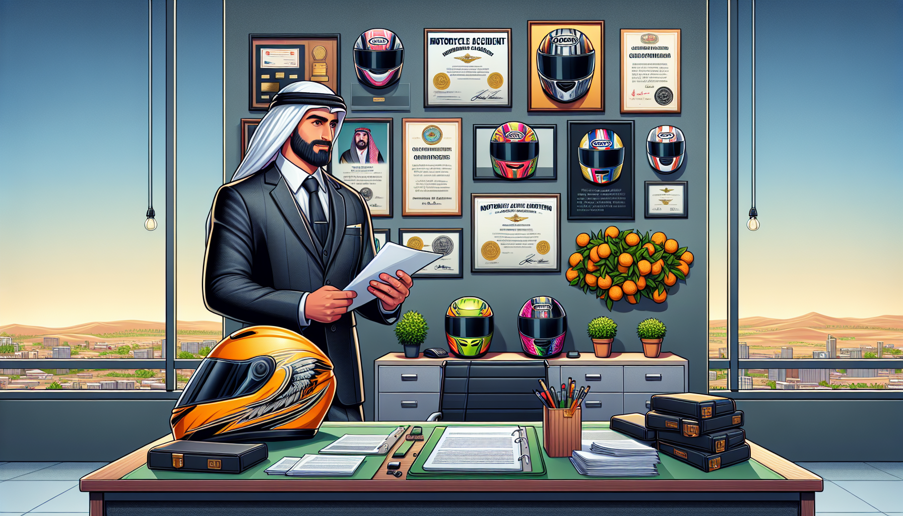 An image portraying a professional office setting where a focused, experienced motorcycle accident lawyer in Orange is evaluating paperwork with multiple motorcycle helmets displayed behind him. Visible on the wall are credentials and certificates showcasing his expertise and experience in motorcycle law. Nearby, a bulletin board is adorned with thank-you notes and testimonials from past clients, highlighting success in cases. The scene gives a warm, approachable vibe with a large window allowing soft natural light to fill the room, enhancing an atmosphere of trust and professionalism.