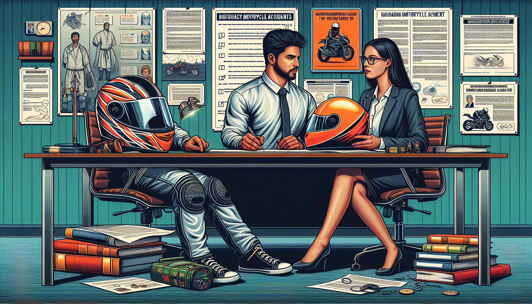 An illustration of a motorcyclist consulting a confident lawyer in an office; prominently displayed documents about motorcycle laws and insurance claims are visible. They are discussing next steps post-accident, with a detailed checklist on the wall and a book titled 