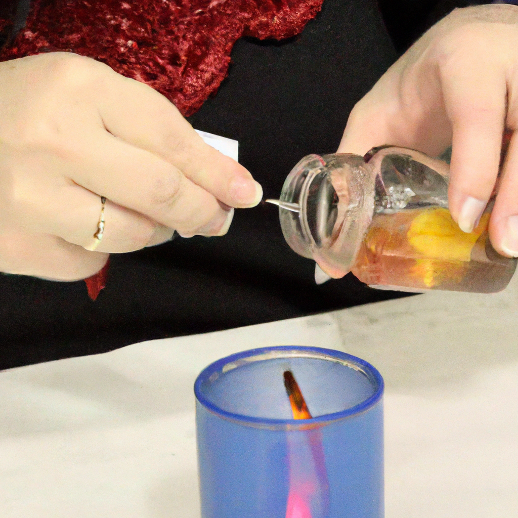 Create an image depicting a cozy, festive candle-making workspace. The scene should show the various supplies needed to craft a Christmas Cookie Candle: melted wax in a double boiler, essential oils and fragrance blends, glass containers, wicks, and a thermometer. Capturing the action, include a person carefully pouring wax into a glass jar and blending in fragrances. Background elements should reflect the holiday spirit, with subtle decorations like garlands, twinkling Christmas lights, and gingerbread cookies nearby to evoke the sweet, warm aroma of Christmas.